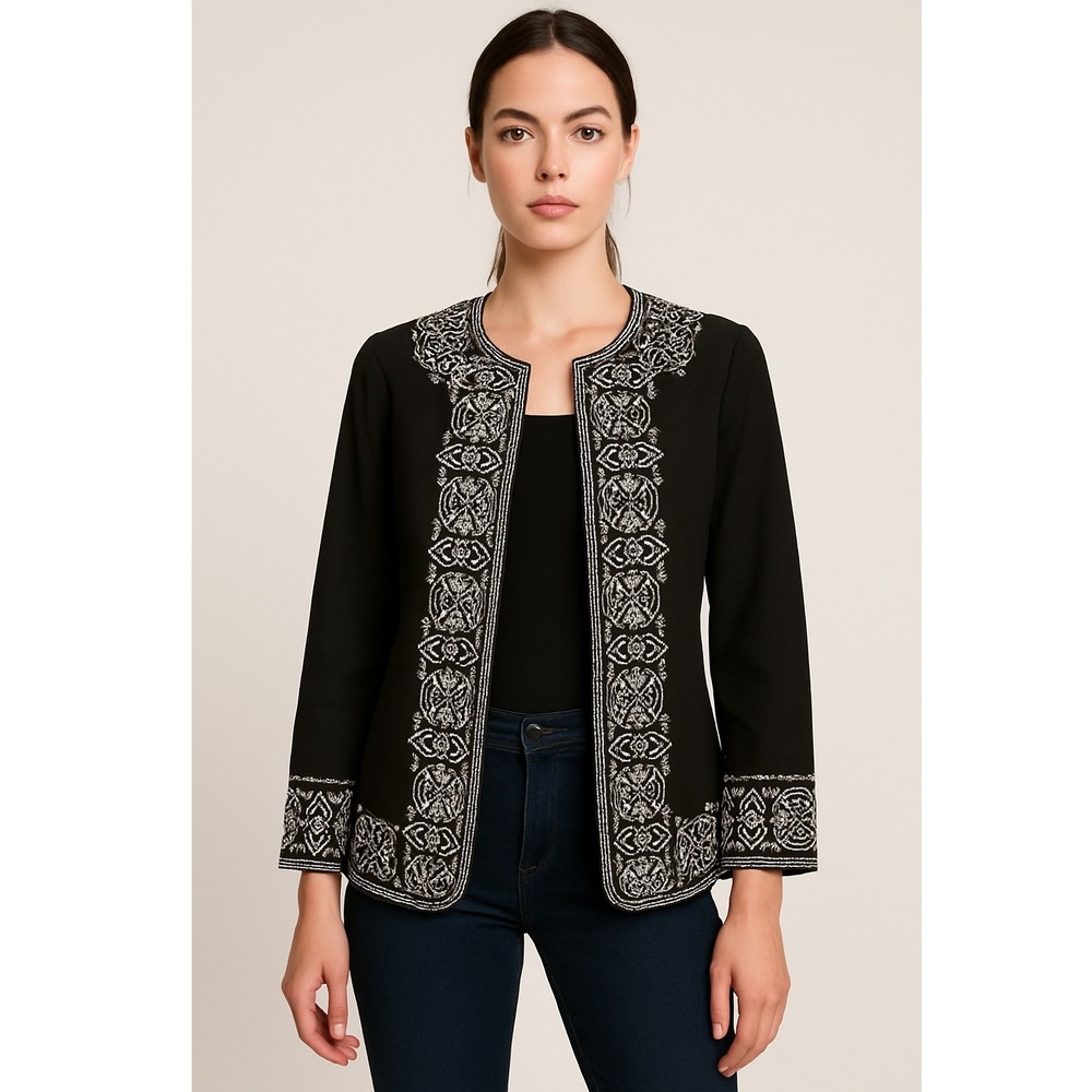 Peter Nygard L Black Jacket White Embroidered Dark Academia Whimsigoth Y2K Goth‎